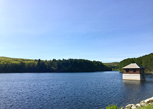 The water and tiny building at the waterworks